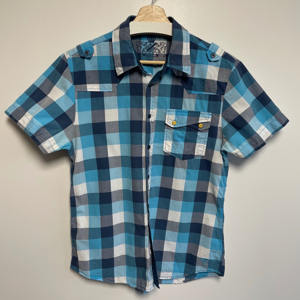 Guess Mens Plaid Short Sleeve Button Up Shirt Blue White Size M‎